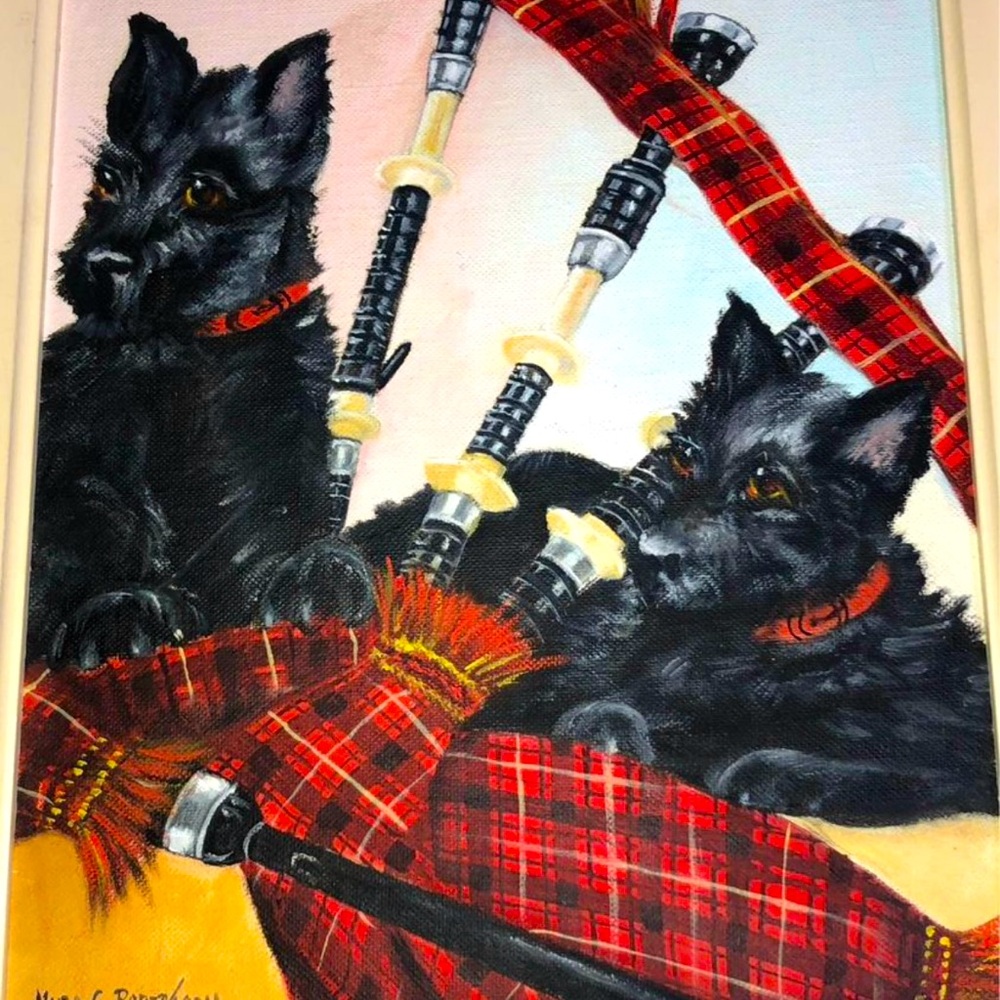 Vintage Scotty Dog Art Oil Painting on Canvas Scottish Tartan Bagpipes 1972